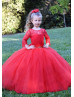 Long Sleeves Red Lace Tulle Floor Length Flower Girl Dress Long Sleeves Red Lace Tulle Floor Length Flower Girl Dress